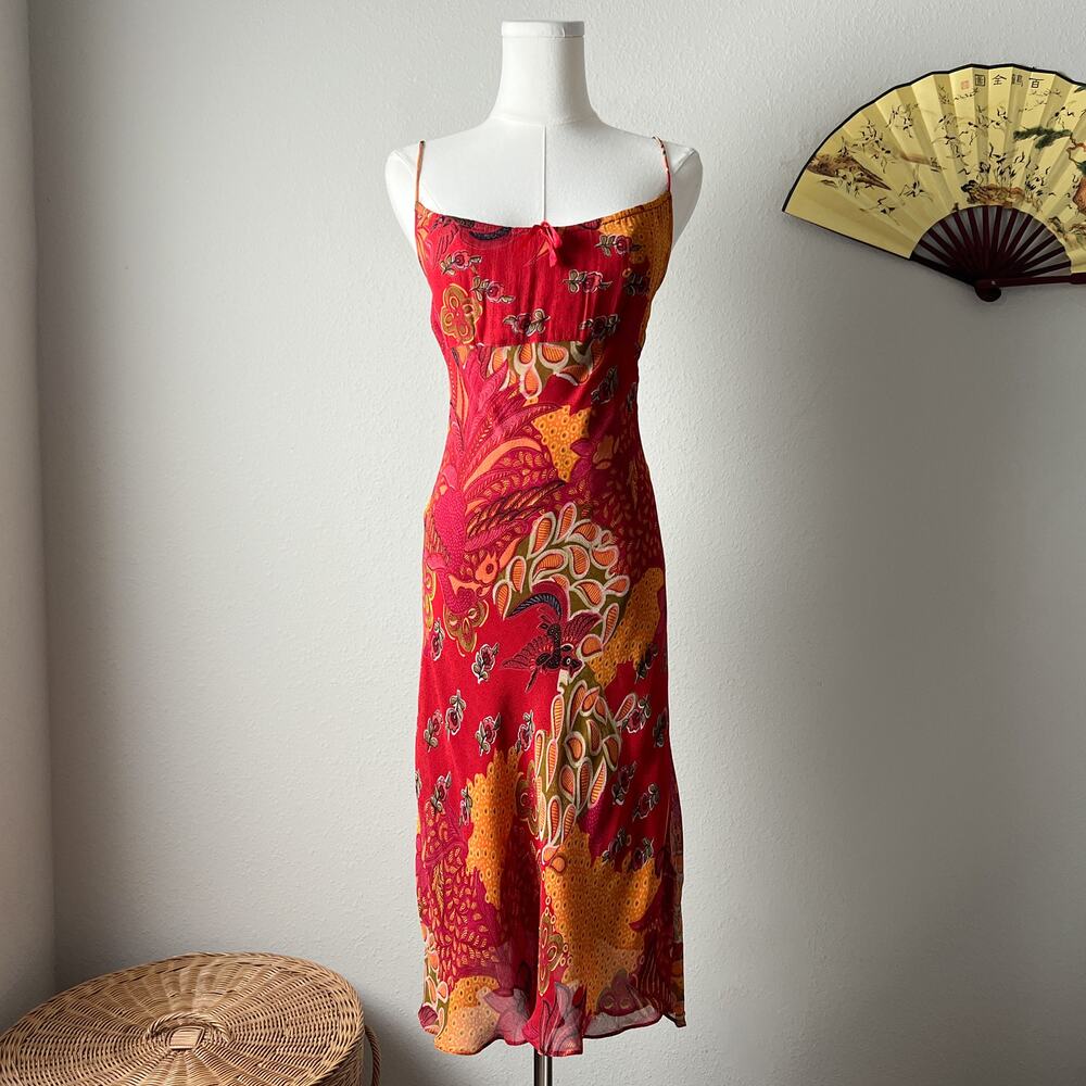y2k vintage red boho paisley milkmaid square neck slip midi dress